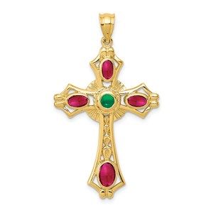 14k Yellow Gold Red Ruby & Emerald Cabochon Cross Necklace Charm Pendant
